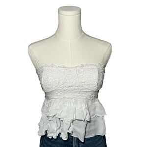 Free People White Strapless Lace Ruffle Babydoll Top S